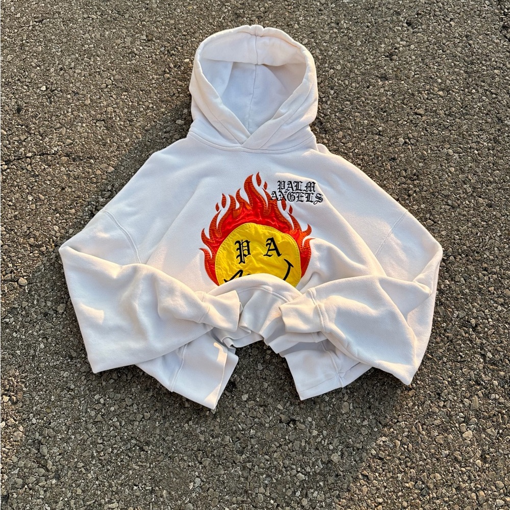 Palm Angels x Smile White Hoodie with Flame and Logo